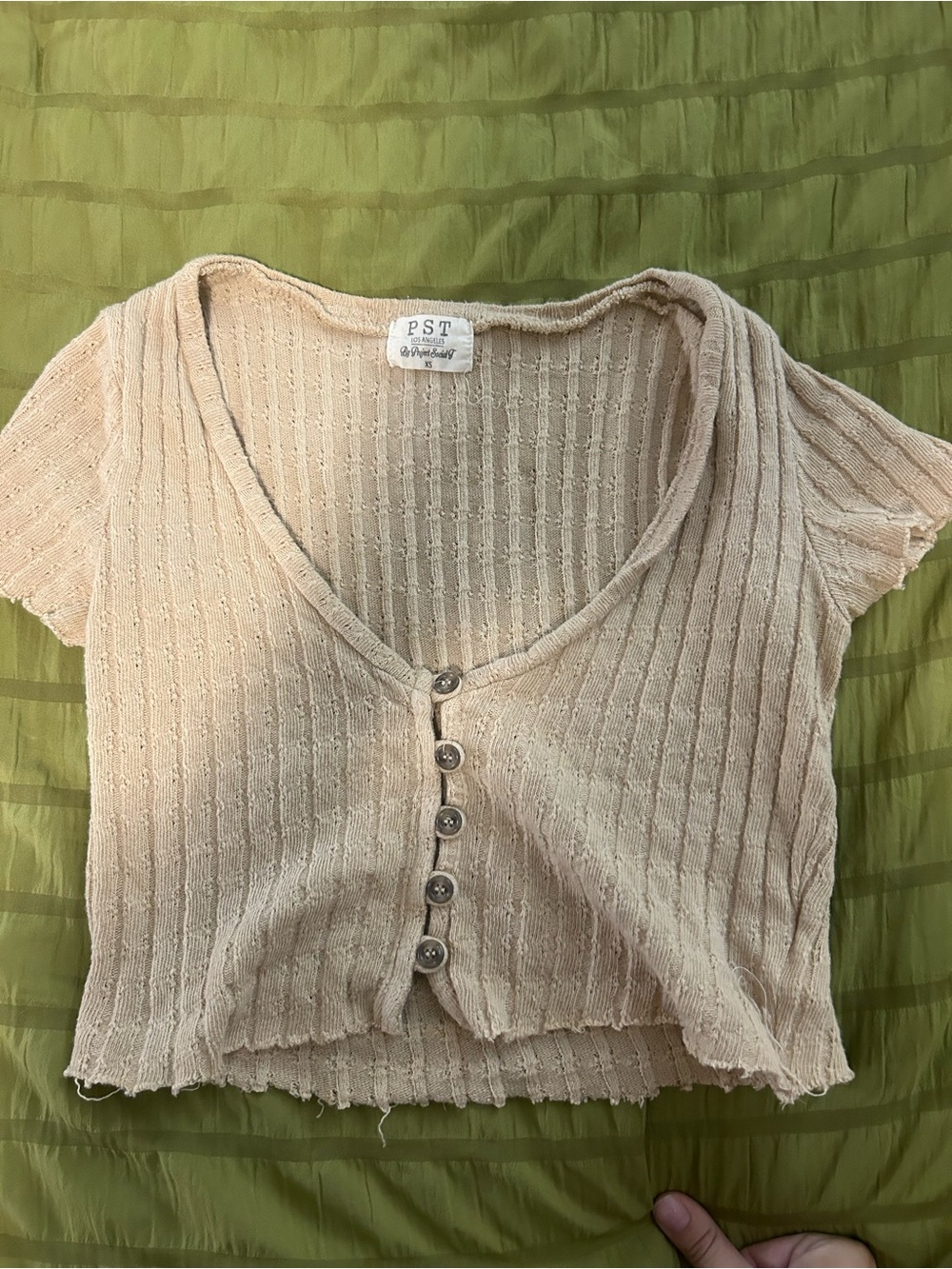 Project Social T Beige Ribbed Cropped Button-Front Top - Picture 2 of 4